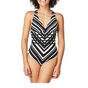 La Blanca Archistripe Crossback One piece Swimsuit, Black + White, 16W